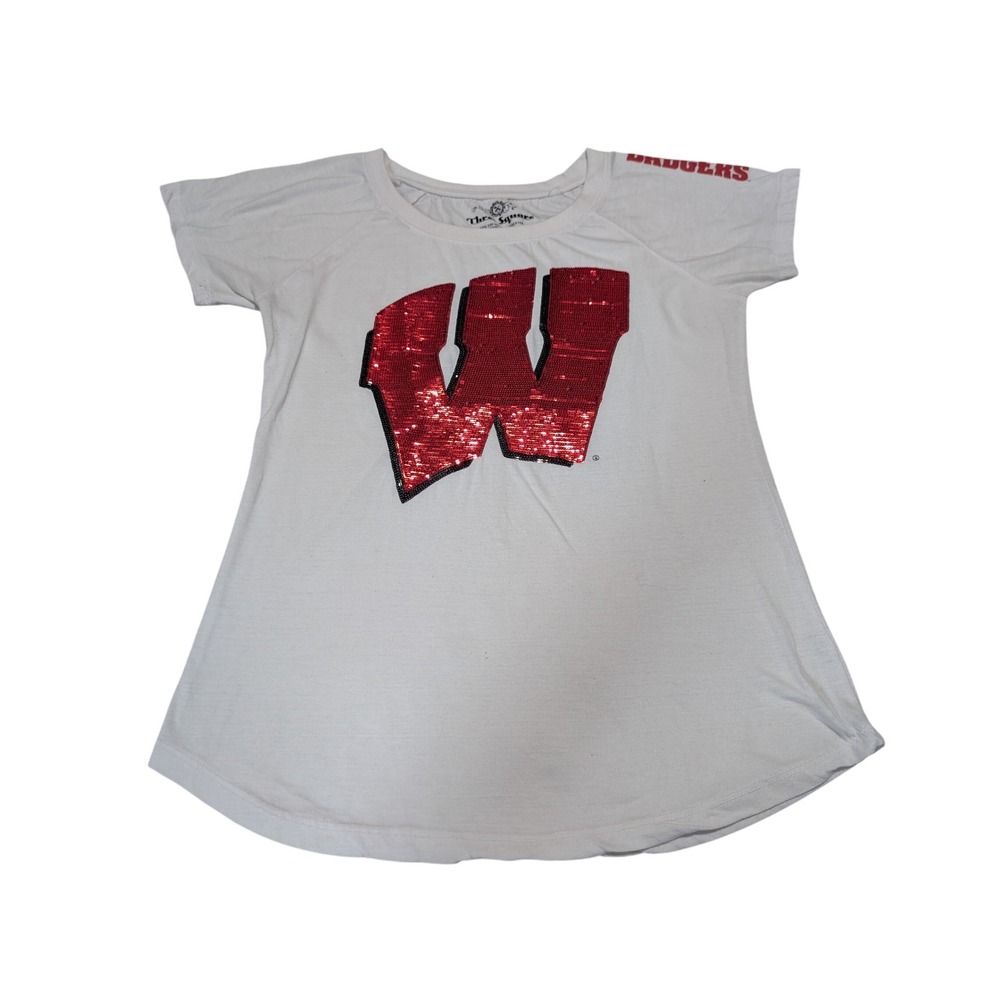Three Square T-Shirt Women L White Wisconsin Badgers Sequin W Logo Raglan Sporty